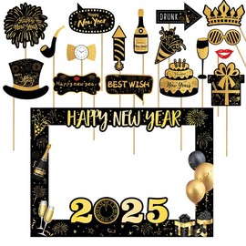 Losuya 26pcs Glitter Happy New Year's Eve 2025 Party Photo Booth Props Supplies with Photo Frame Props Picture Frame Booth Props 2025 New Year Decorations