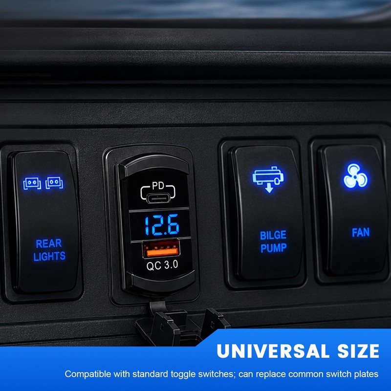 Car Rocker Switch Outlet with LED Voltmeter (USB+PD)