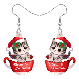 YINYA Acrylic Christmas Cat Earrings Dangle Drop Anime Garland Kitten Pets Jewelry for Women Cat Lovers Gifts Charms Decor (Cup Cat)