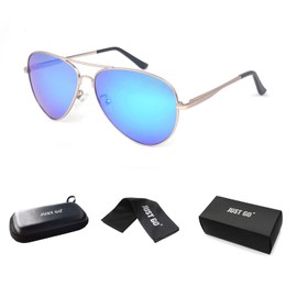 JUST GO Metal Frame Vintage Aviator Style Sunglasses with Case, Polarized Lenses, 100% UV Protection, Matte Gold, Blue Revo