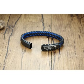 MEALGUET I can do all things through Christ Bible Verse Religious Bracelets Christian Cross Scripture Engraved 2-tone Black Blue Braided Leather Bracelet for Men