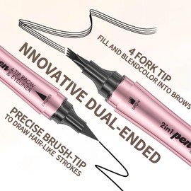 2-in-1 Dual-Ended Waterproof Eyebrow Pencils with 4-Fork-Tip for Women, 3D Microblading Eyebrow Pen with Eyeliner Pencil, Natural Hair Like Strokes, All-Day Wear (04 Black)