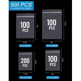 500 PCS Small Plastic Bags, Mini Resealable Bags, 4 Different Sizes Small Jewelry Clear Storage Poly Bag for Packaging, Candy, Pill