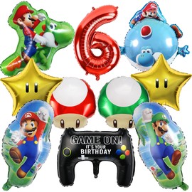 Pack of 10 Mario Birthday Decoration, 6 Years Children's Birthday Decoration, Cartoon Foil Balloons for Boys Girls