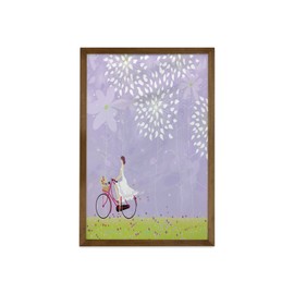 Ambesonne Cartoon Framed Wall Art, Girl Riding Bike Windy Weather in the Garden with Grass Art, Fabric Decor with Teak Tone Wood Frame Home & Dorm Decor, 23" x 35", Apple Green Lavender