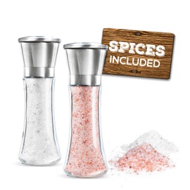 Prefilled Salt and Pepper Grinder Two Piece Set - Includes White Rock Salt & Himalayan Pink Salt - Glass and Stainless Steel Mill - Large Shakers - Top Loading Design By Mason Mills