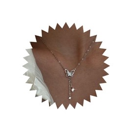 Atentuyi Boho Small Butterfly Pendant Necklace Silver CZ Y Necklace Thin Chain Choker Crystal Lariat Necklace Jewellery for Women and Girls, Metal