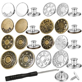 32 Sets Jeans Buttons Replacement, 17 mm and 20 mm No-Sew Removable Metal Buttons Replacement Repair Combo Thread Rivets and Screwdrivers in Storage Box, Women and Men's Jeans Clothing Supplies