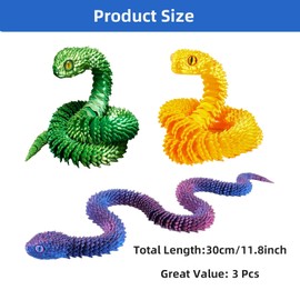 3D Printed Articulated Snakes Set (11.8 in, 3 Pieces) – Flexible Articulated Snake Animal Fidget Toys for Autism/ADHD (Purple, Green, Gold)
