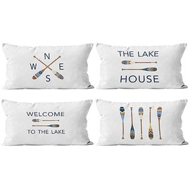 The Lake House Lake Throw Pillow Case, 18 x 18 Inch Set of 4, Lake Paddle Decor, Lake House Rules Decor, Lake House Decor, Lake House Room Decor Pillows Cover for Sofa Couch Bed (Whiter) (20x12)
