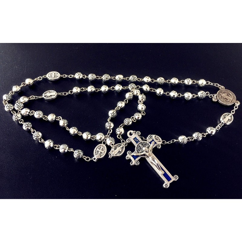elegantmedical HANDMADE SILVER ROSE BEADS CATHOLIC Saint St Benedict ROSARY