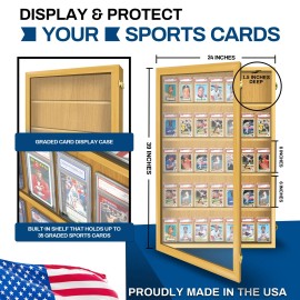 Pennzoni Baseball Card Display Case Sports Card Frame Lockable -Holds 35 PSA Graded Cards - Golden Oak