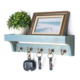 Rebee Vision Farmhouse Pine Wood Key Holder Wall Mount for Home Decor - Rustic Wall Key Holder with Shelf for Home Improvement - Ideal Entryway Organizer in Living Room (Distressed Blue)