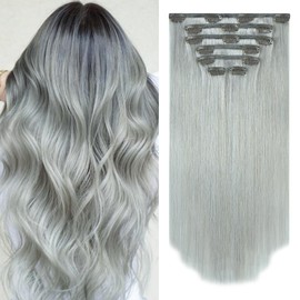 Aison Grey Clip in Hair Extensions Human Hair Extensions Real Human Hair 70G/7Pcs Soft Silky Straight 16clips for Women(15 Inch #Grey)
