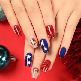 4th of July Nails Press Ons Medium Coffin Fake Nails With Star Designs Red Blue White Full Cover Acrylic Nails American Flag Glue On Nails Glossy Glitter Stick On Nails for Women 24Pcs