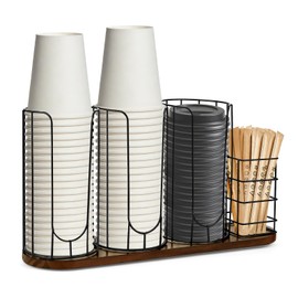 MOJIEZUO 4-Compartment 18oz Coffee Cup Dispenser Rack with Wood Base, Disposable Cup Holder,Cup and Lid Holder with Straw Organizer,for Stirrers Pod Countertop, Plastic Cup Station
