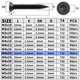 Pack of 80 M4 x 20 mm Wood Screws Stainless Steel A2/VA2 Screws Black for Acoustic Panels Torx Countersunk Head Stainless Steel Full Thread Chipboard Screws Self-Tapping Screws Universal Screws