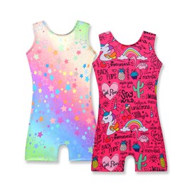 Nymphperi Gymnastics Leotards for Girls 6-7 Years Old Rainbow Star with Hot Pink Unicorn Fitted Classic Gym Unitard