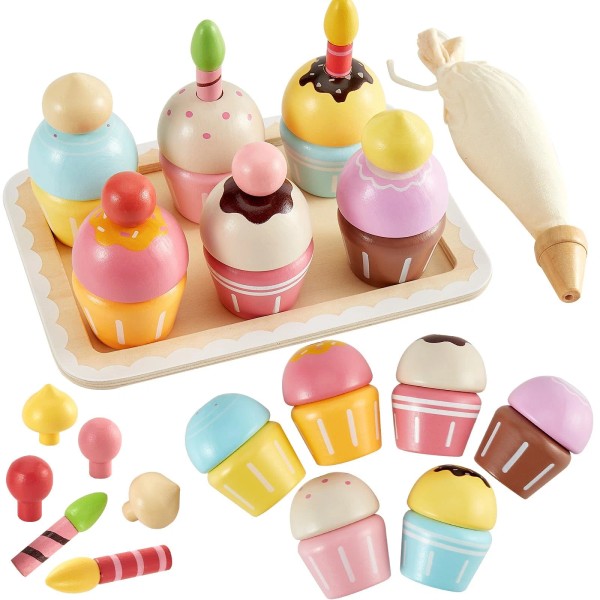 HERSITY Wooden Cupcakes Toys Pretend Play Food Desserts Kids Baking