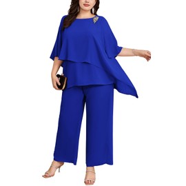 Hanna Nikole Women's Large Sizes Chiffon Evening Suit Sets Cocktail Party Festive Elegant 2-Piece Set Shirt and High Waist Trouser Suit Two Piece, royal