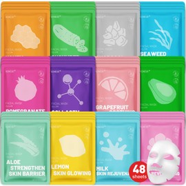 KONEUK 48 Pack Collagen Hydrating Face Masks Skincare for Women, Moisturizing & Soothing Face Mask for All Skin Types, Facial Masks Set Spa Gifts for Women, Bulk Sheet Face Mask for Skin Care