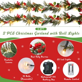 Ceenna 2 Pcs Prelit Christmas Garland with Globe Lights, 12 ft 20 Led Lighted Pine Cone Holly Berry Garland Battery Operated with 8 Modes Timer Remote for Home Fireplace Holiday Decorations (Red)