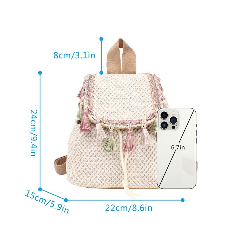 Women Mini Straw Flap Backpack Boho Summer Fringed Tassel Shoulder