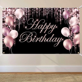 Birthday Banner Black Pink, Happy Birthday Banner 180 x 110 cm, Happy Birthday Background, Large Birthday Banners Sign Poster for Girls Party Decoration