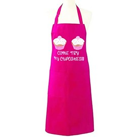 MyShoeStore Unisex Adult Novelty Apron Mens Ladies Womens Chefs Butcher Kitchen Catering Everyday Use Aprons with Pocket Ideal Fantastic Gift(Come Try My Cupcakes Fuchsia)