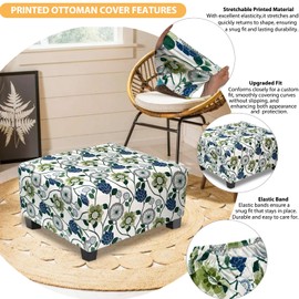 TOPHMDECOR Ottoman Cover Square Slipcovers Printed,Stretch Footrest Stool Cover for Ottoman Square,Soft Foot Stool Cover Protector with Nonslip Elastic Bottom (Large,Flower C)