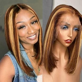 Superfect Highlight Lace Front Bob Wig Human Hair 16 Inch Ombre Honey Blonde 13x4 Hd Lace Front Wigs Human Hair Pre Plucked Middle Part 4/27 Colored Lace Frontal Wigs (Highlight 4/27, 16 Inch)