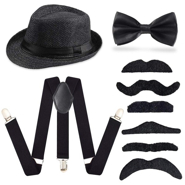 Beelittle 1920s Boys Fedora Hat Suspenders Adjustable for 3-10 Years (B)