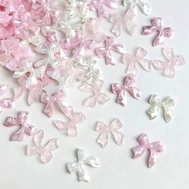 60Pcs Cute Bow Nail Charms for Nails Design White Pink Ribbon Bow Charms Nail Decor Nail Jewels for Nail Art Charms Clear Pink Bowknot Nail Charm Kawaii Nail Bows for Nails Charms Nail Accessories