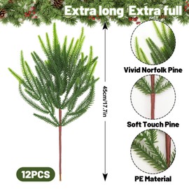 Whaline 12 Pcs Christmas Norfolk Pine Branches Stem Artificial Fake Pine Needles Faux Xmas Greenery Sprigs for Winter DIY Wreath Vase Fillers Decoration