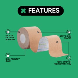 SAROSING Elastic Kinesiology Tape for Knees, Shoulders, Back & More – Waterproof Sports Tape for Joint Support & Muscle Recovery, Breathable Kinesio Tape for Athletes | 2" x 16 ft (Skin color-3rolls)