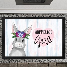 Hoppelige Greetings XXL doormat in 50 x 75 cm with cute Easter bunny and flowers as a beautiful decoration for Easter for the front door to welcome the visit in an Easter way