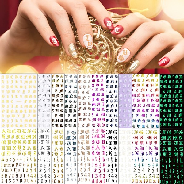 24 Sheets Holographic Letter 3D Nail Art Sticker Decal, Gothic Old English Alphabet Number Adhesive Letter Sticker, DIY Nail Designs Manicure Decoration Accessories 10 Colors