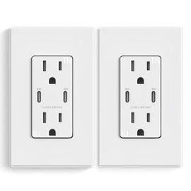 ELEGRP USB Outlet Receptacle, 30W Fast Charge & Power Delivery USB C Wall Outlet, 15 Amp Wall Outlet with USB C Ports, Tamper Resistant, UL Listed, Wall Plate Included, 2 Pack, Matte White