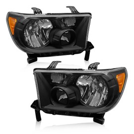 ROADEAL Headlights Assembly for 2007 2008 2009 2010 2011 2012 2013 Toyota Tundra (Fit models w/o level adjuster) /08-17 Toyota Sequoia Headlamp 12-14 Models Without Headlight Washer Black Housing