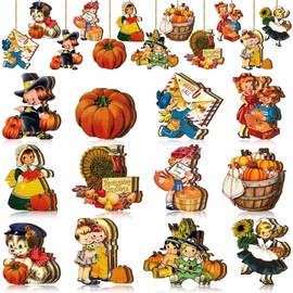 24 Pcs Fall Wooden Ornaments for Tree Thanksgiving Decorations Vintage Fall Harvest Hanging Ornament Autumn Pumpkin Turkey Sunflower Wood Cutouts Fall Decor for Home Christmas Tree Holiday Party Decor