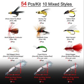 Qitewwrme Fly Fishing Flies Kit, 24-100Pcs Handmade Fly Fishing Artificial Fly Baits Lures with Dry/Wet Flies, Streamers, Fly Assortment Trout Bass Fishing with Fly Box (54Pcs/Kit(10 Mixed Styles))