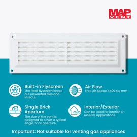 Map Plastic Louvre Air Vent with Flyscreen, White, 9" x 3" (229mm x 76mm), Single Brick Cover for Interior & Exterior Use