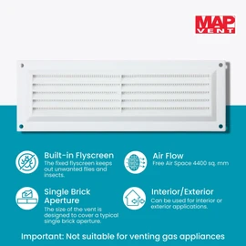 Map Plastic Louvre Air Vent with Flyscreen, White, 9" x 3" (229mm x 76mm), Single Brick Cover for Interior & Exterior Use