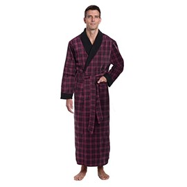 Noble Mount Mens Robe - 100% Cotton Mens Flannel Robe - Fleece Lined - Black/Burgundy Plaid - Small/Medium