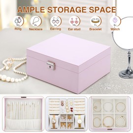 LISRUGEN Jewelry Organizer Box for Women,2 Layer Large Jewelry Organizers and Storage with Earring Holder Organizer Removable Velvet Jewelry Tray,Christmas Gifts for Mom,Pink