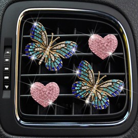 4 Pcs Blue Bling Butterfly and Heart Car Air Fresheners Vent Clips Diffuser Vent Clip Rhinestone Diamond Decoration Car Interior Decor Cute Accessories for Women, Automotive Air Fresheners (Pink, 2)