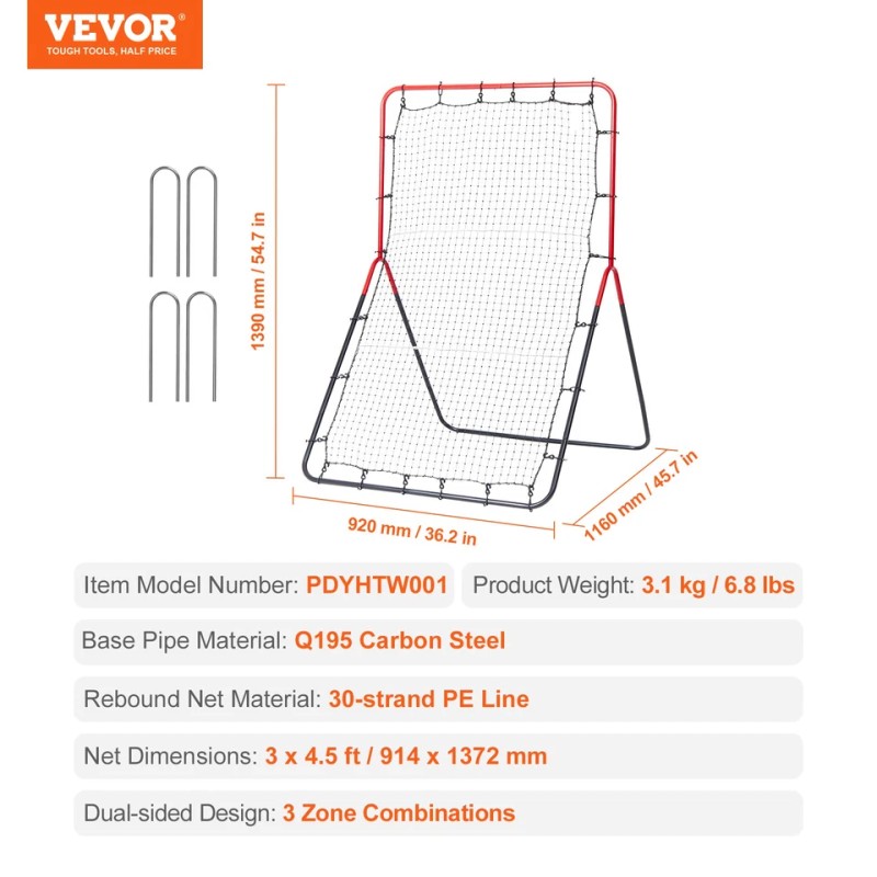 VEVOR Baseball And Softball Rebounder Net 3x4.5 ft PitchBack 3-Way