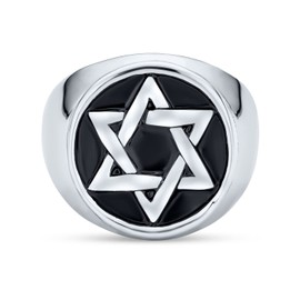 Bling Jewelry Personalize Large Statement Religious Magen Judaic Hanukkah Star Of David Bar Mitzvah Round Signet Band Ring For Men Enamel Silver Tone Stainless Steel