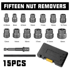 15-Piece Nut Remover Set, Screw Extractor Set, Left Extractor Set, Nut Sprinkler Extractor Set, Screw Extractor Set for Nuts, Screws and Bolts (6.35-19 mm)