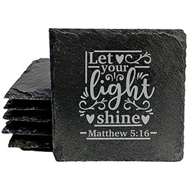 Faith and Hope: Laser Etched Let Your Light Shine: Scripture Matthew 5:16 Coasters - Square Slate - set of 4